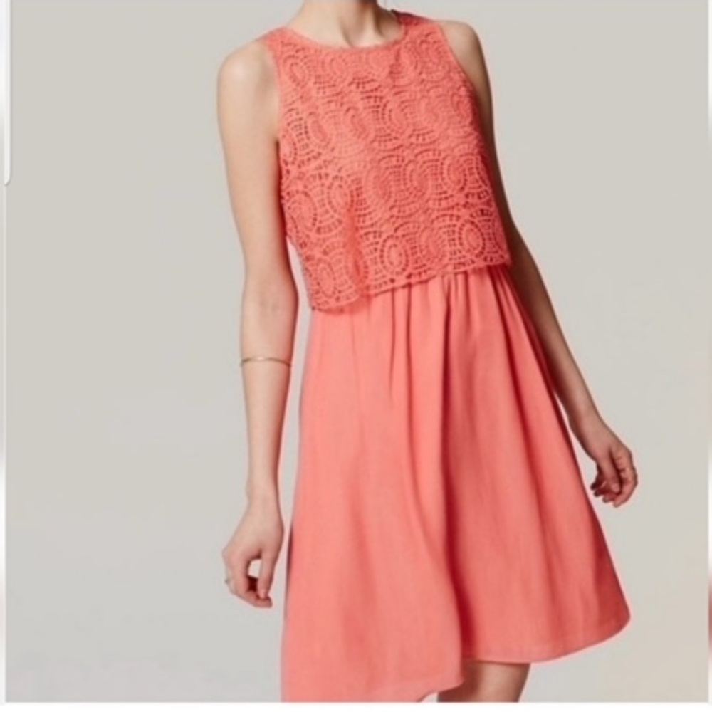 Ann Taylor Loft -Coral Dress with Lace top Overlay - Size 6P